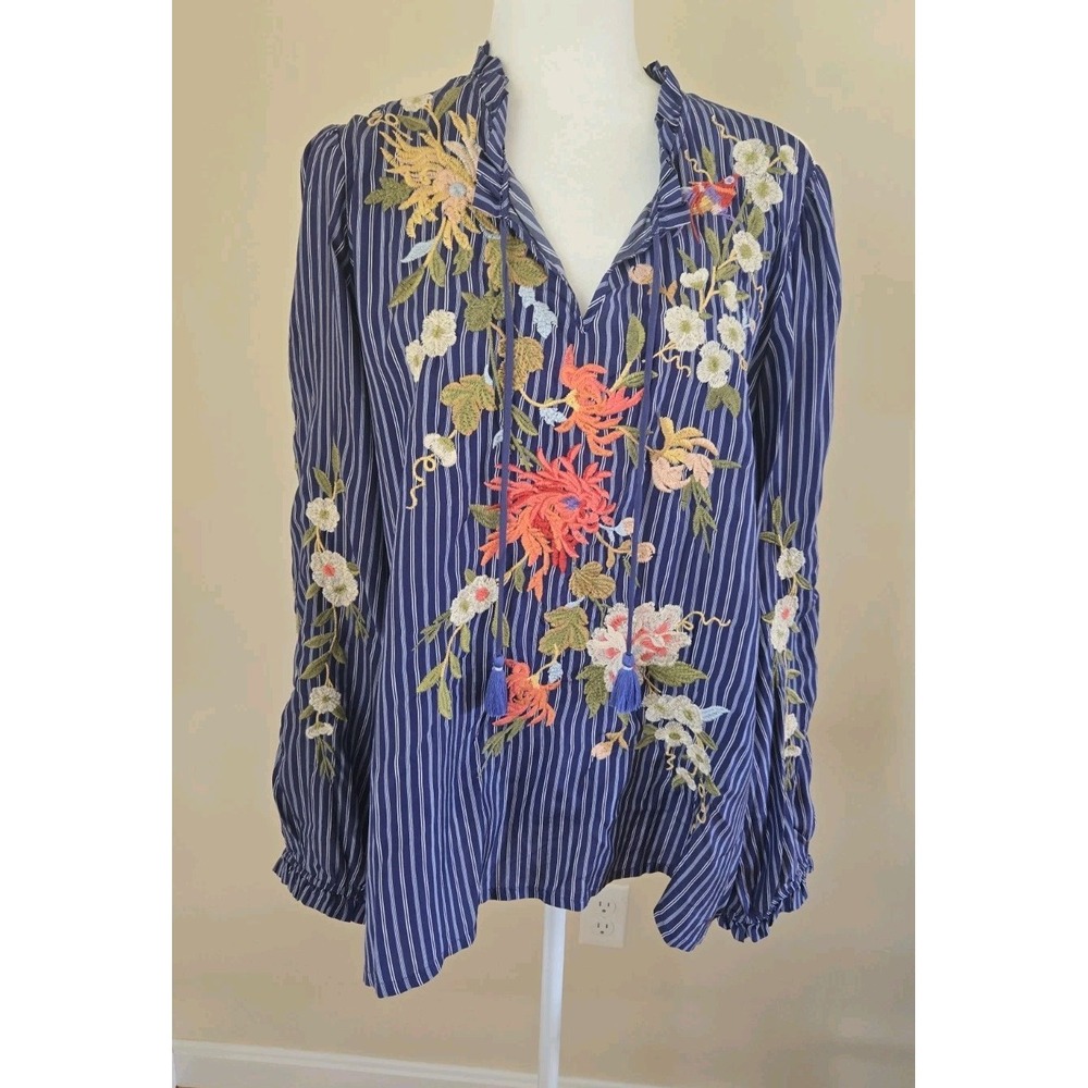 Johnny Was Workshop Silk Nalina Ruffle Scarf Back Blouse Embroidered XLarge EUC